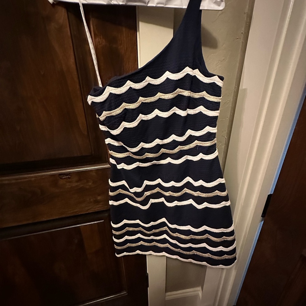 Navy and White One-Shoulder Dress